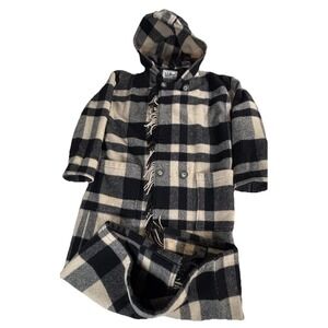 Vintage LL Bean Wool‎ Blend Plaid Fringe Hooded Coat Jacket Black Cream Women's